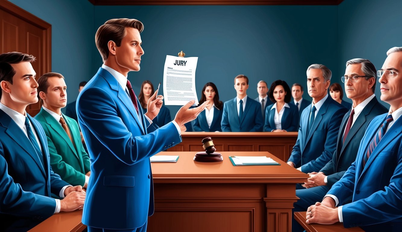 A courtroom with a confident lawyer presenting evidence to a jury