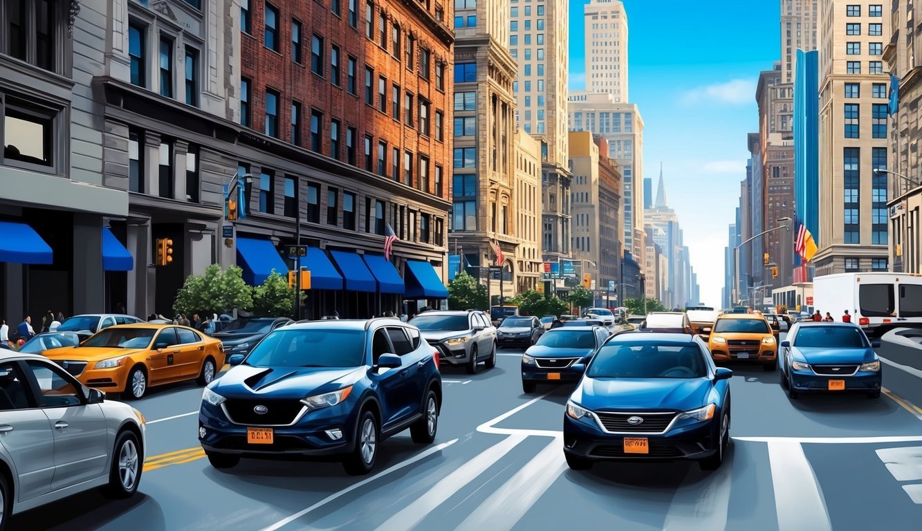 A busy New York street with traffic, a car accident, and a prominent law firm building in the background