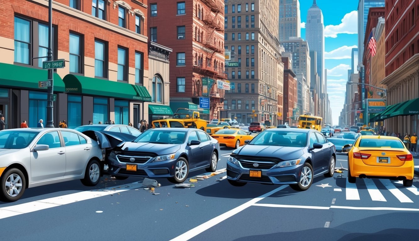 A bustling New York City street scene with a busy intersection and cars involved in a traffic accident