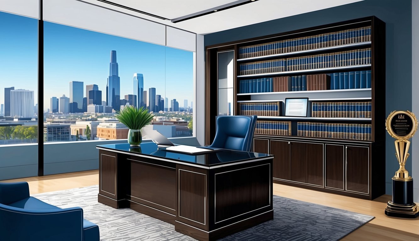 A sleek, modern office in downtown LA with a skyline view.</p><p>A wall of law books, a polished desk, and a prestigious award on display