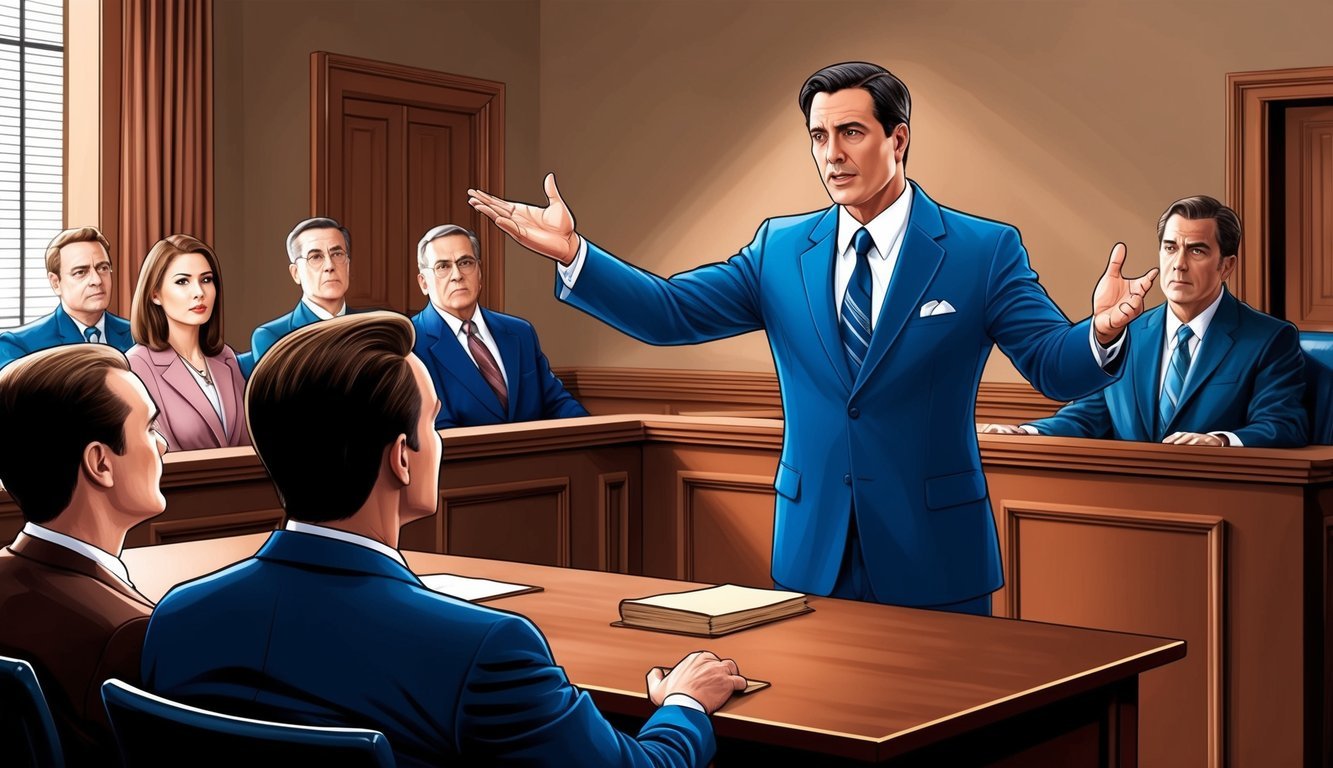 A courtroom scene with a confident lawyer presenting a compelling argument to the jury