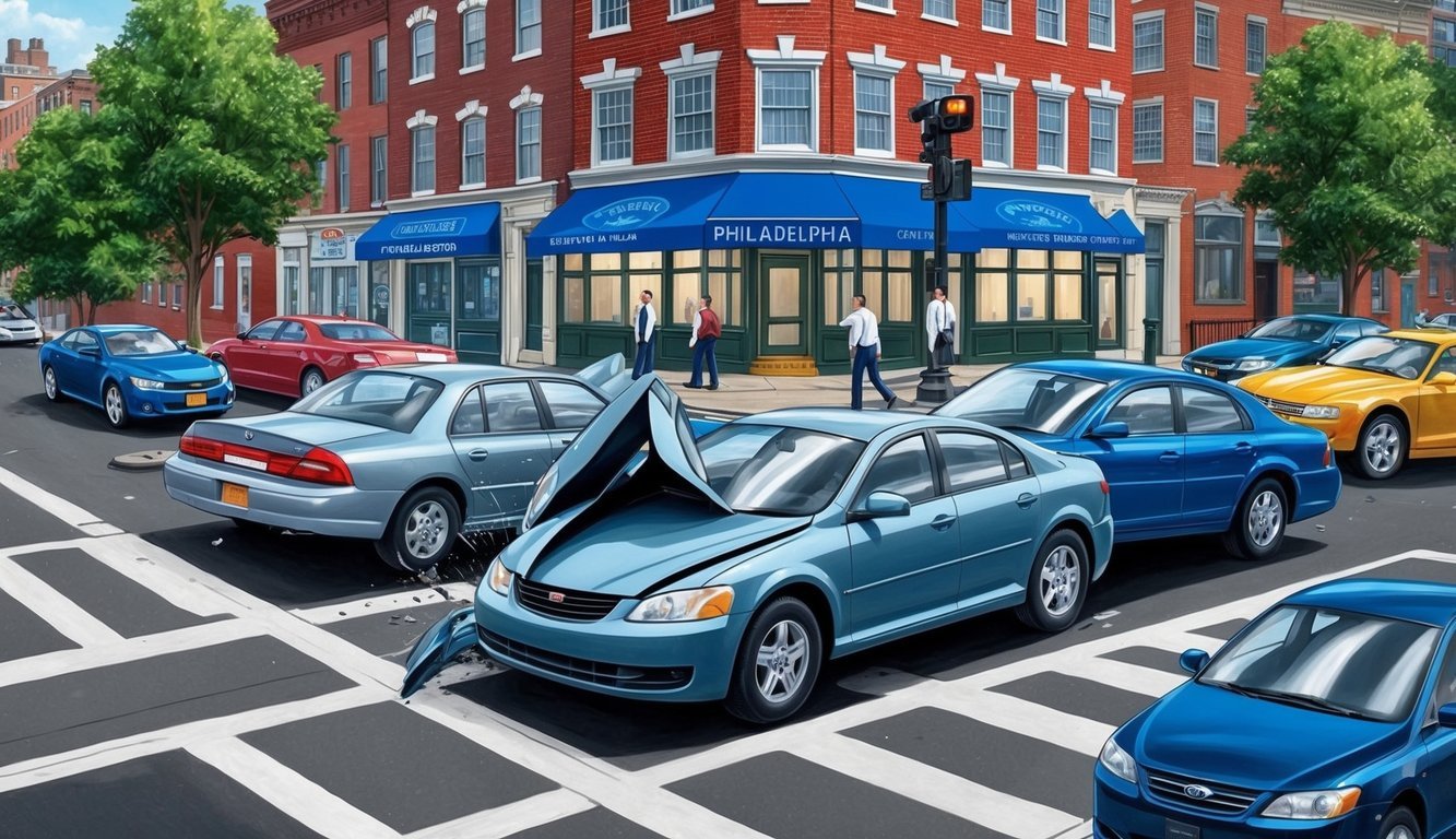 A busy intersection in Philadelphia, with cars colliding and a lawyer's office in the background