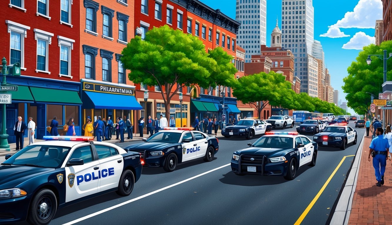 A busy Philadelphia street with a car accident scene, police cars, and onlookers