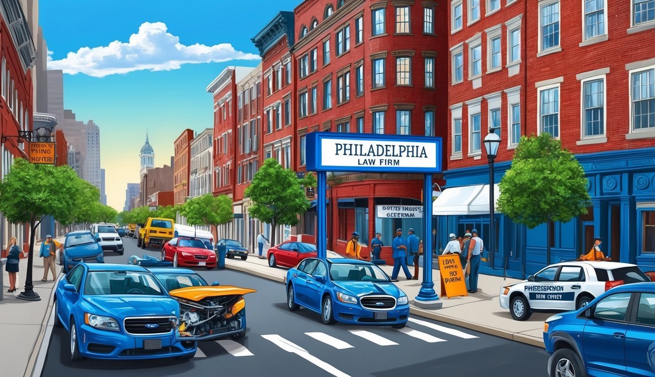 A bustling Philadelphia street scene with a prominent law firm sign and traffic accident imagery