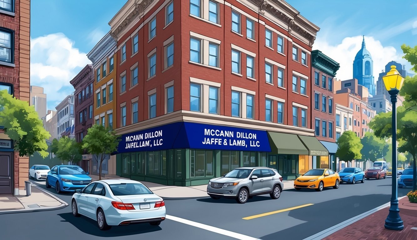 A bustling Philadelphia street with cars and a law office building with the sign "McCann Dillon Jaffe & Lamb, LLC" prominently displayed