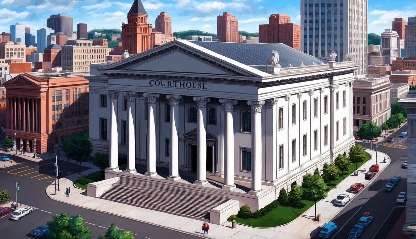 A courthouse with a grand entrance and columns, surrounded by a bustling cityscape