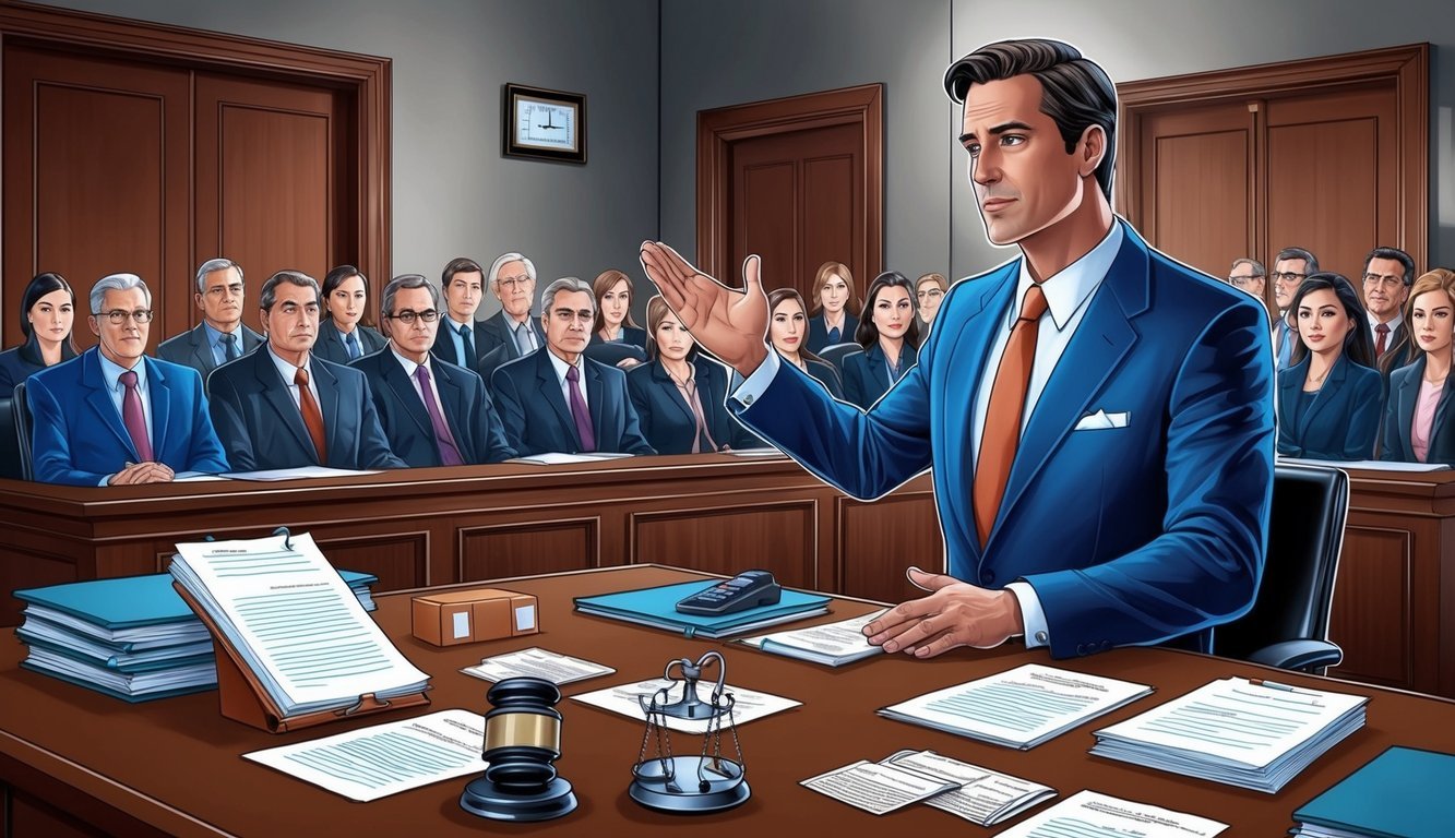 A courtroom scene with a confident lawyer addressing the jury, surrounded by legal documents and evidence