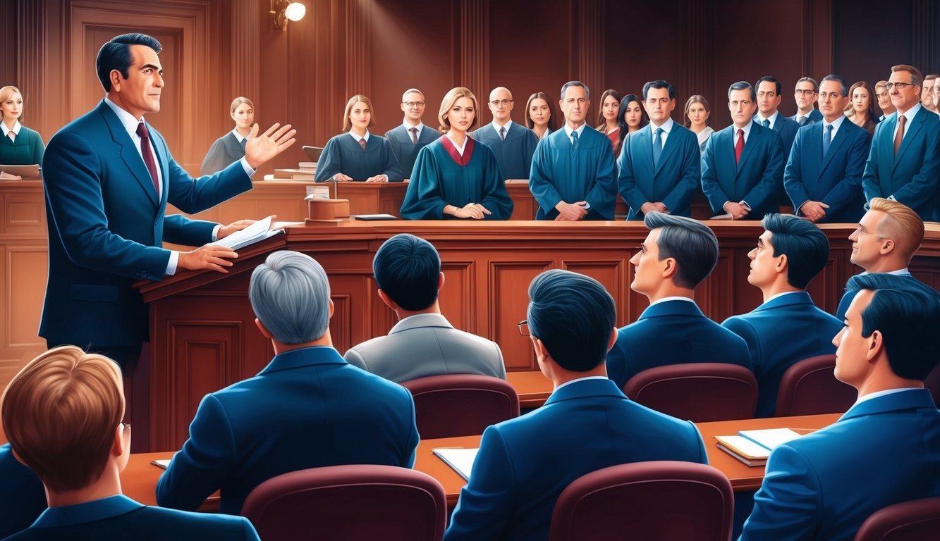 A bustling courtroom with a confident lawyer addressing the judge and jury, surrounded by attentive clients and a tense atmosphere