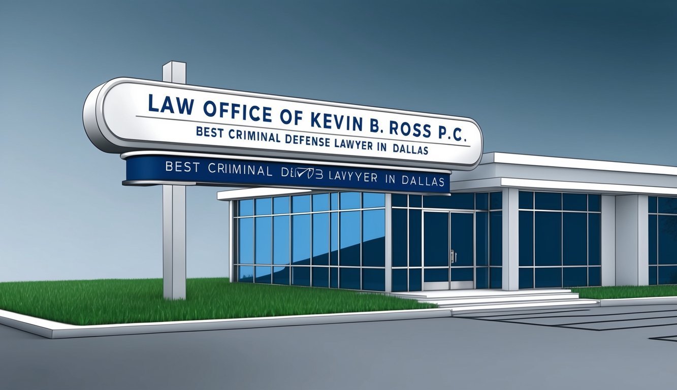 A sleek and modern law office with a prominent sign reading "Law Office of Kevin B. Ross P.C. Best criminal defense lawyer in Dallas" displayed prominently