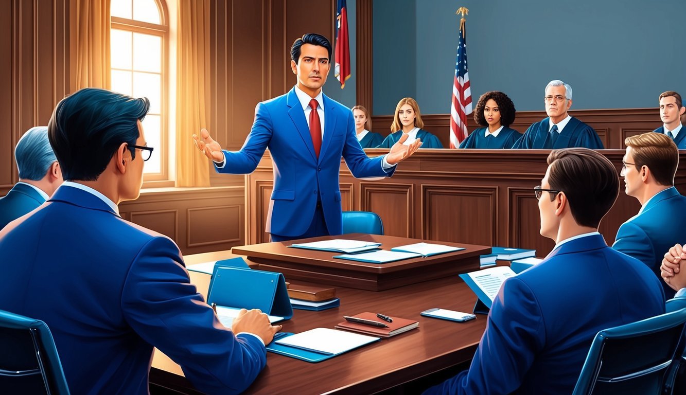 A courtroom with a confident lawyer presenting a strong defense in front of a judge and jury