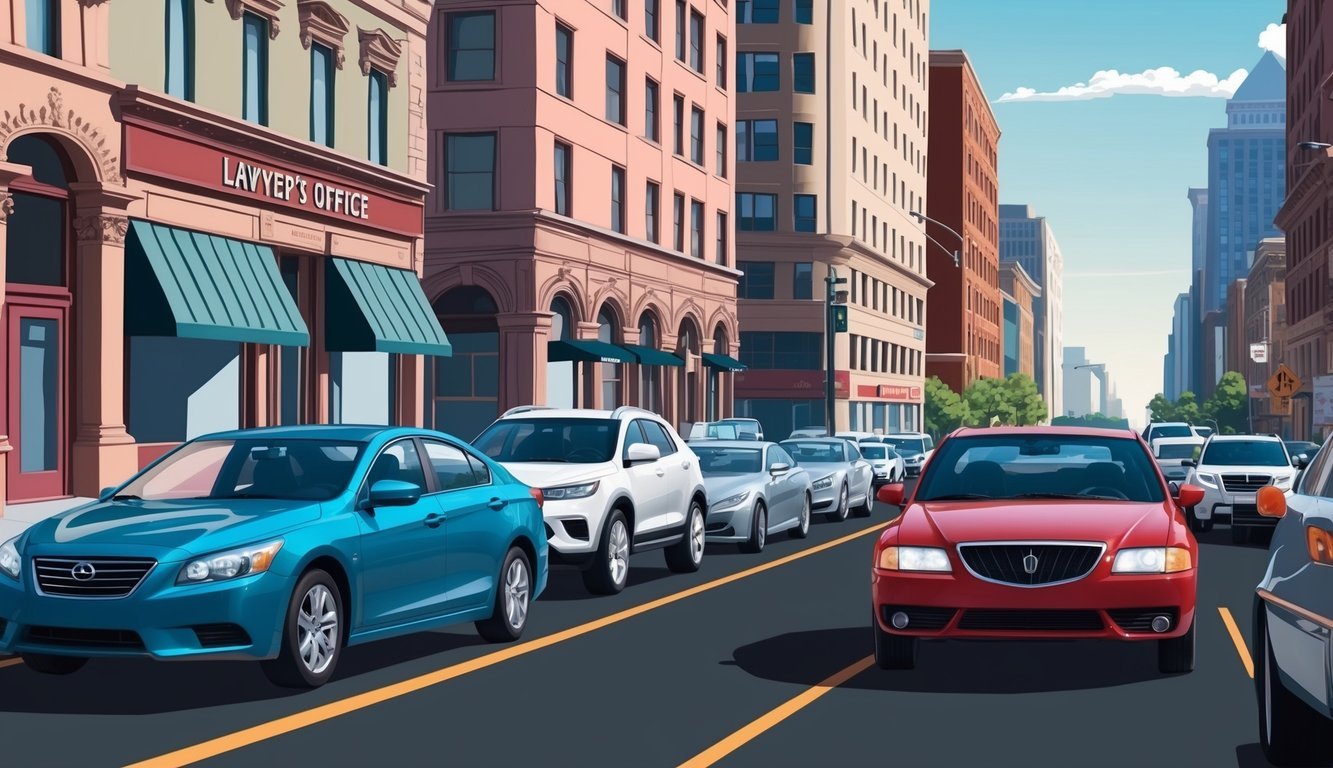 A bustling city street with cars and a lawyer's office in the background