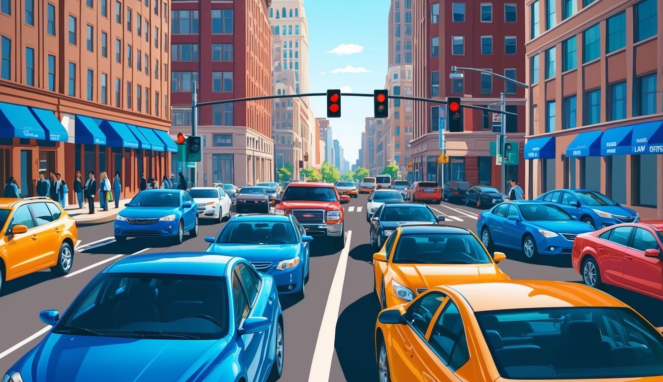 A bustling city intersection with cars stopped at a red light, a law office sign visible in the background