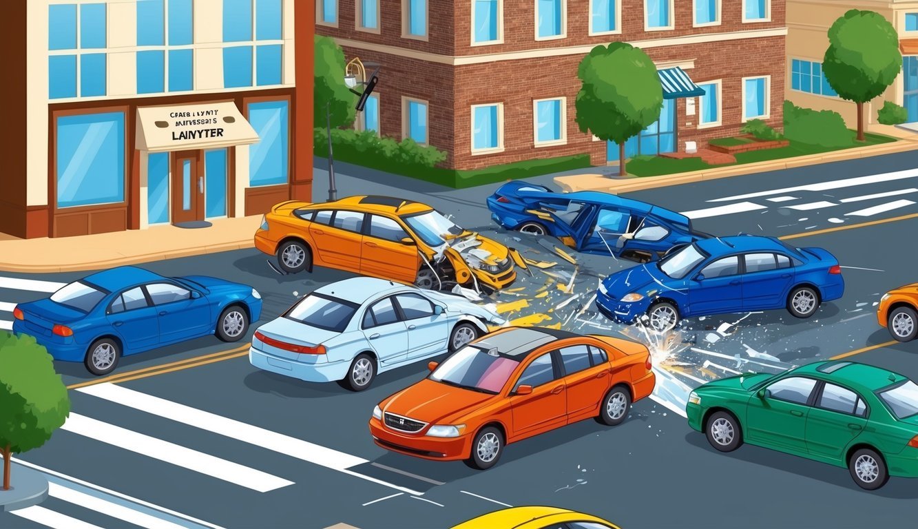 A busy intersection with cars colliding, a lawyer's office in the background