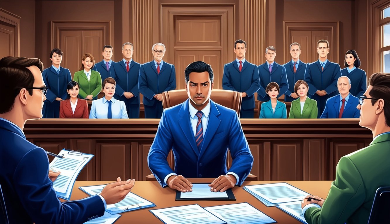 A courtroom with a confident lawyer defending a client, surrounded by legal documents and a jury