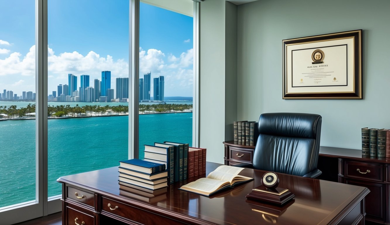 A sleek office with a view of the Miami skyline, law books neatly arranged on a mahogany desk, and a prestigious award displayed on the wall