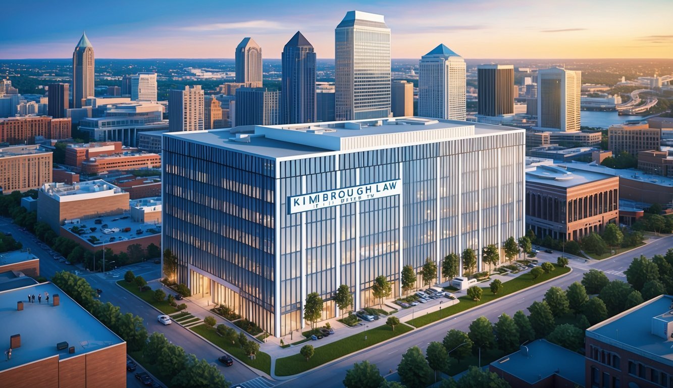 A modern office building with the Kimbrough Law Firm, LLC sign prominently displayed, surrounded by the bustling city of Atlanta