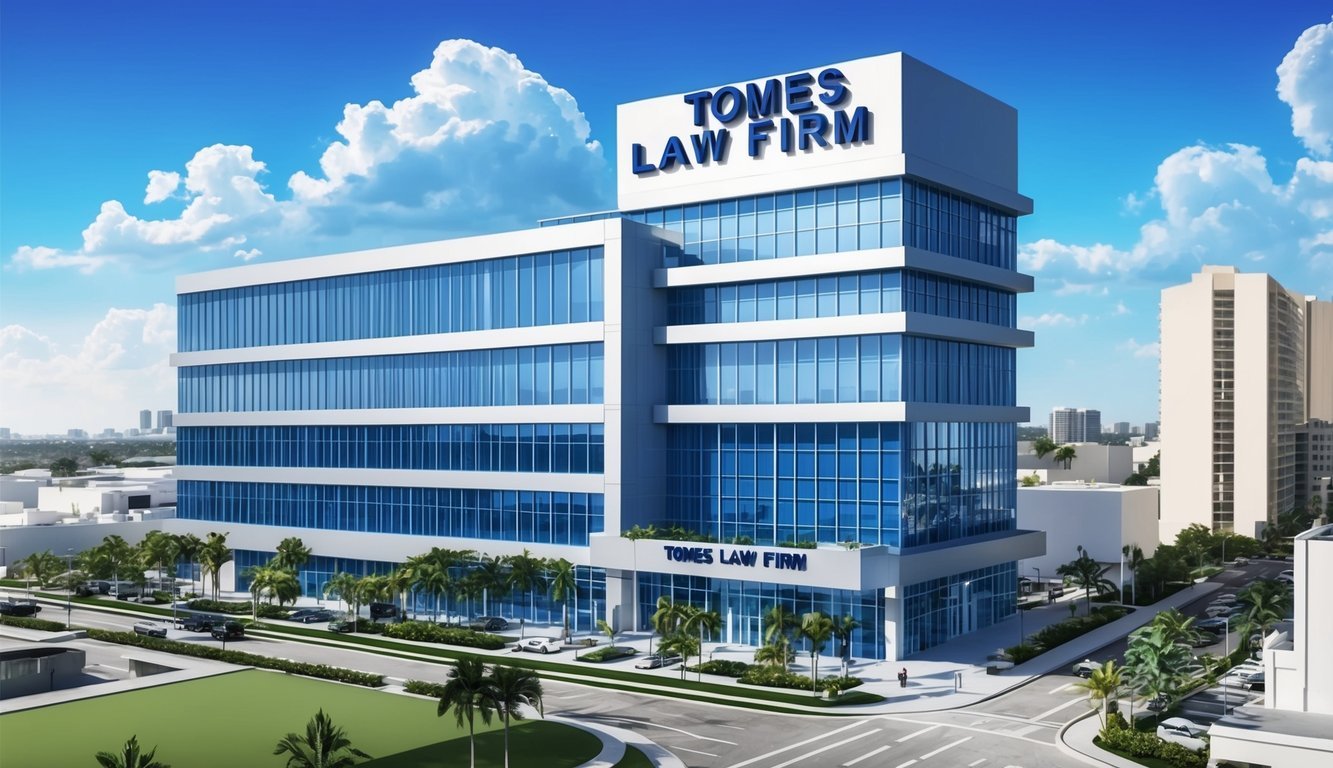 A sleek, modern office building with the name "Tomes Law Firm" prominently displayed in front.</p><p>The building is located in the bustling city of Miami, Florida