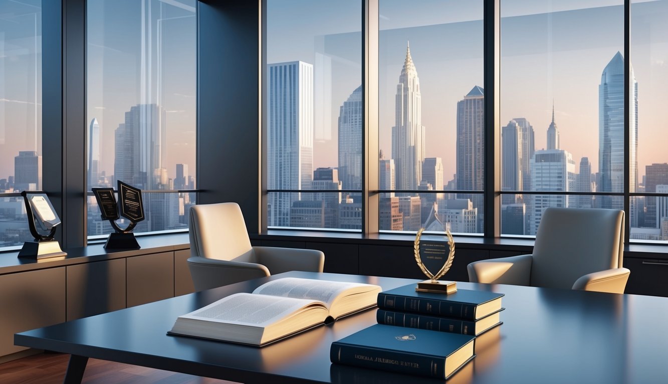 A sleek, modern office with city skyline view, law books, and awards on display