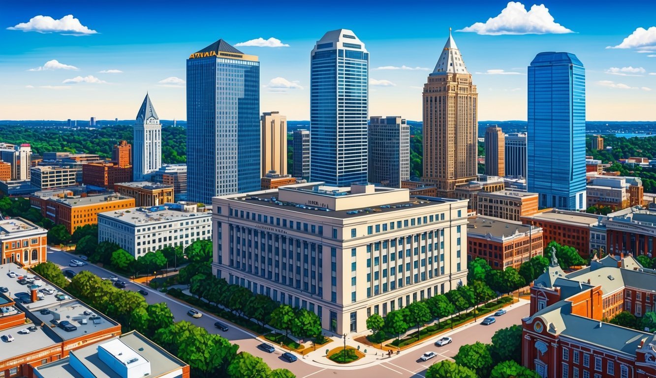 A bustling Atlanta cityscape with a prominent law office building, surrounded by a mix of modern skyscrapers and historic architecture