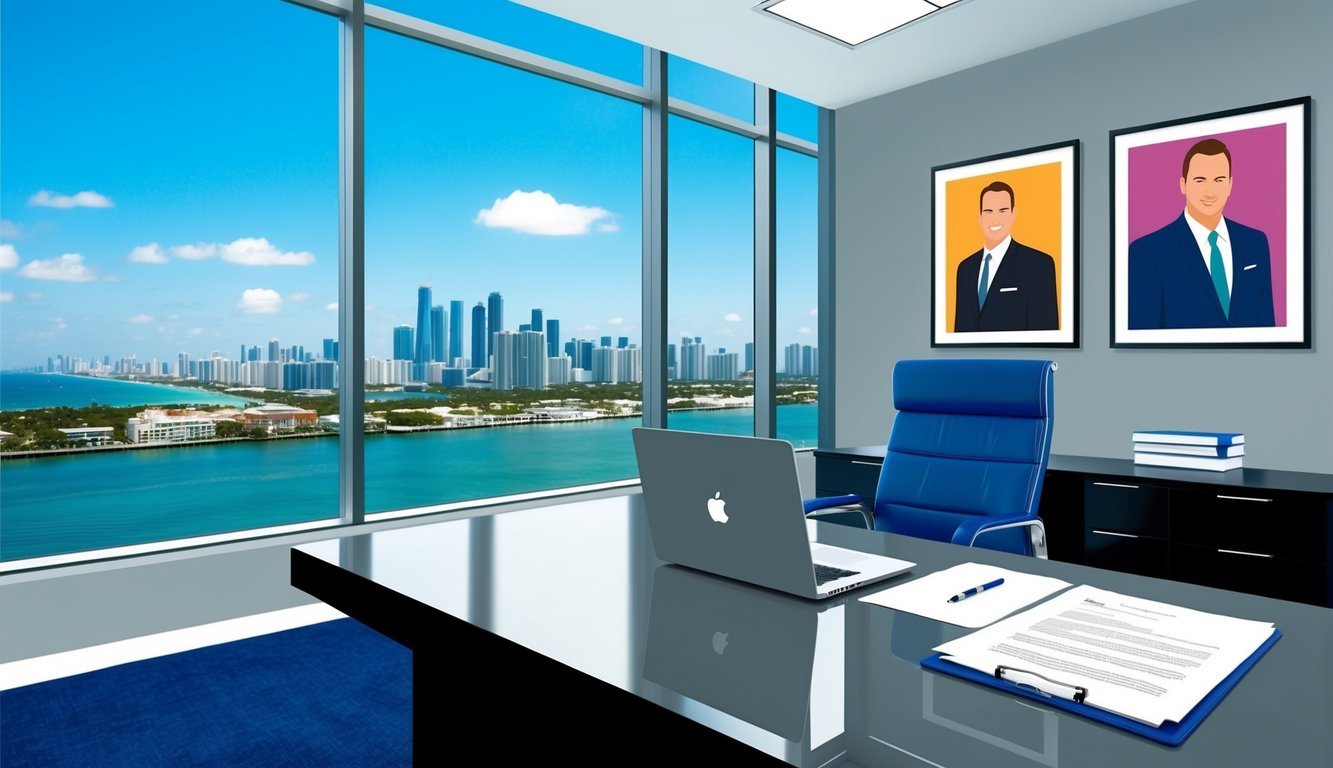 A sleek, modern office with floor-to-ceiling windows overlooking the Miami skyline.</p><p>A desk with a laptop and legal documents.</p><p>Artwork on the walls exuding confidence and professionalism