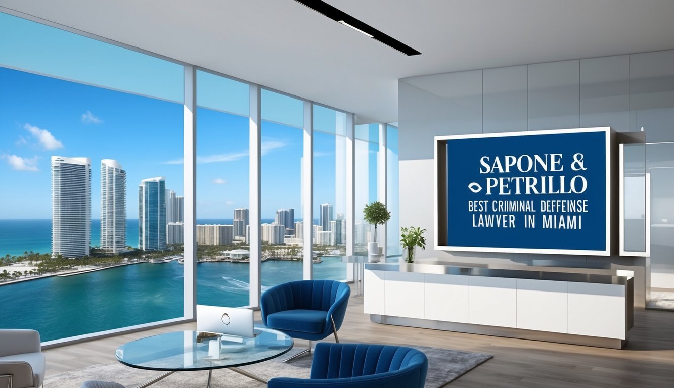 A sleek office with modern decor and a view of the Miami skyline.</p><p>A sign outside reads "Sapone & Petrillo Best criminal defense lawyer in Miami."