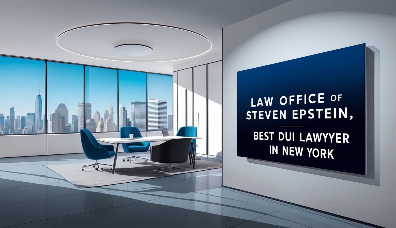 A sleek, modern office with a sign reading "Law Office of Steven Epstein, Best DUI lawyer in New York" displayed prominently