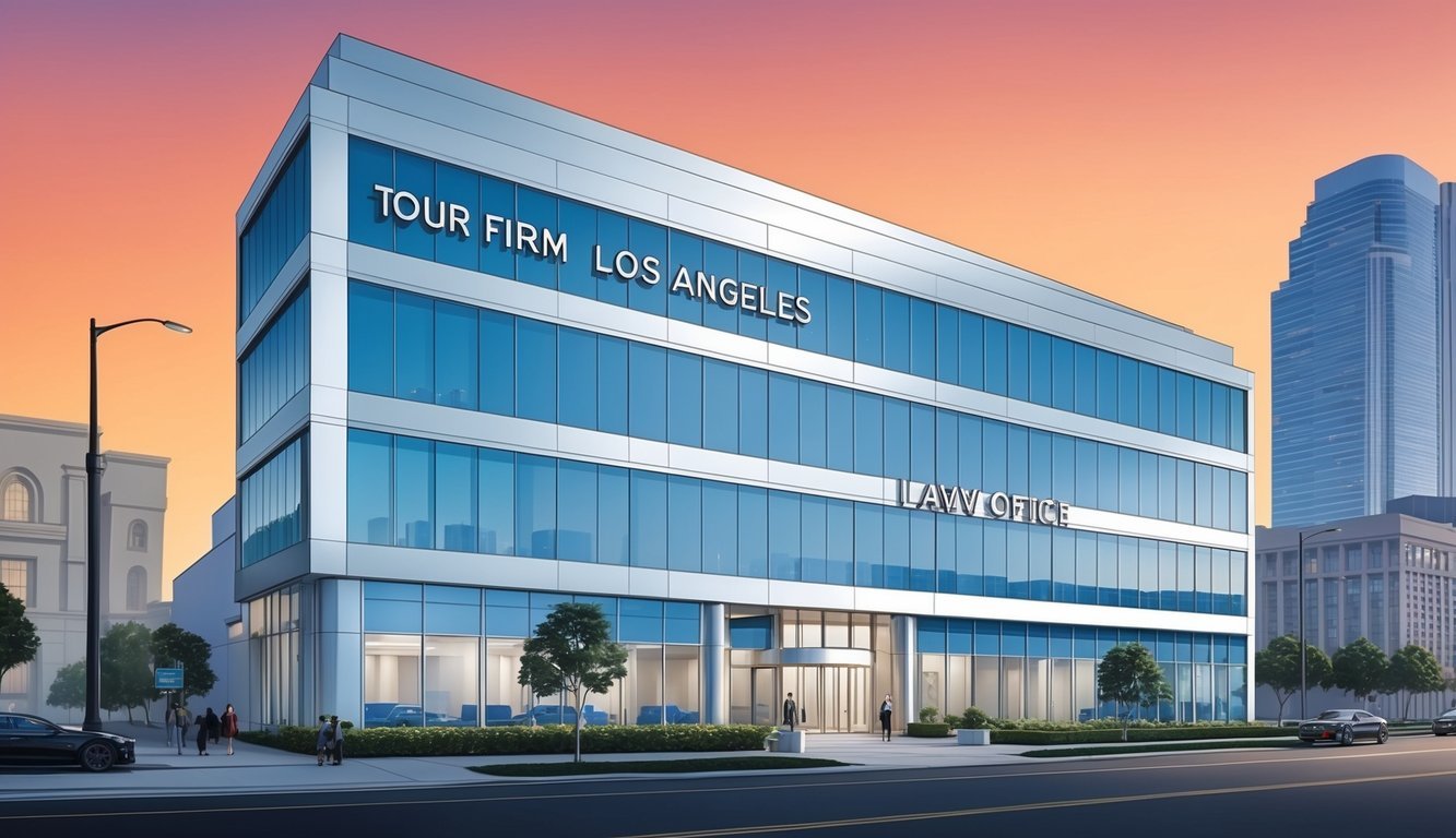 A sleek, modern law office building in downtown Los Angeles, with the firm's name prominently displayed on a large sign out front