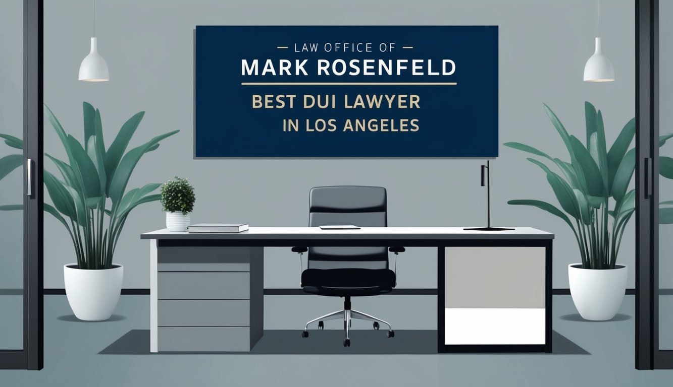 A sleek, modern law office with a prominent sign for "Law Office of Mark Rosenfeld, Best DUI lawyer in Los Angeles."