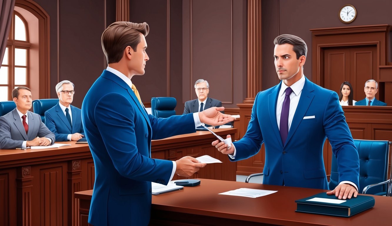 A courtroom scene with a confident lawyer presenting evidence to the judge and jury