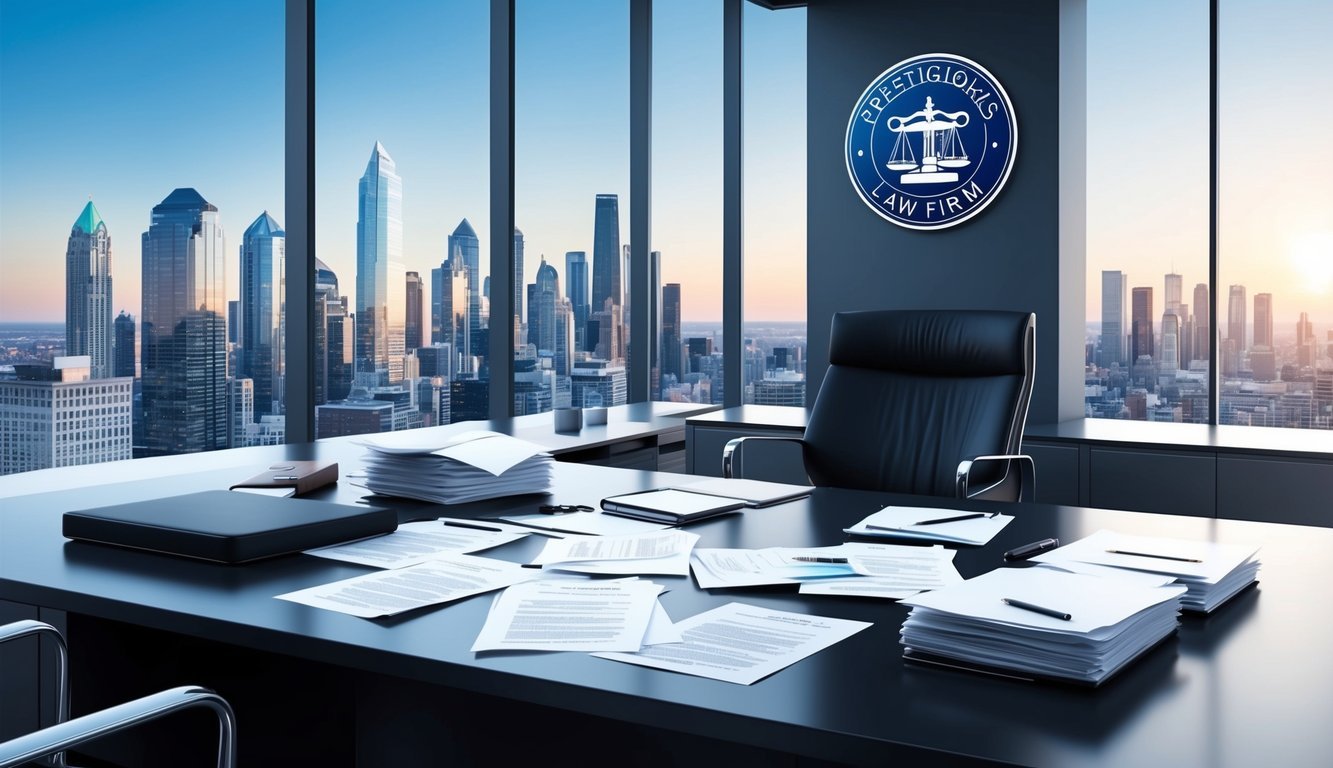 A sleek, modern office with a skyline view, a desk cluttered with legal papers, and a prestigious law firm logo prominently displayed