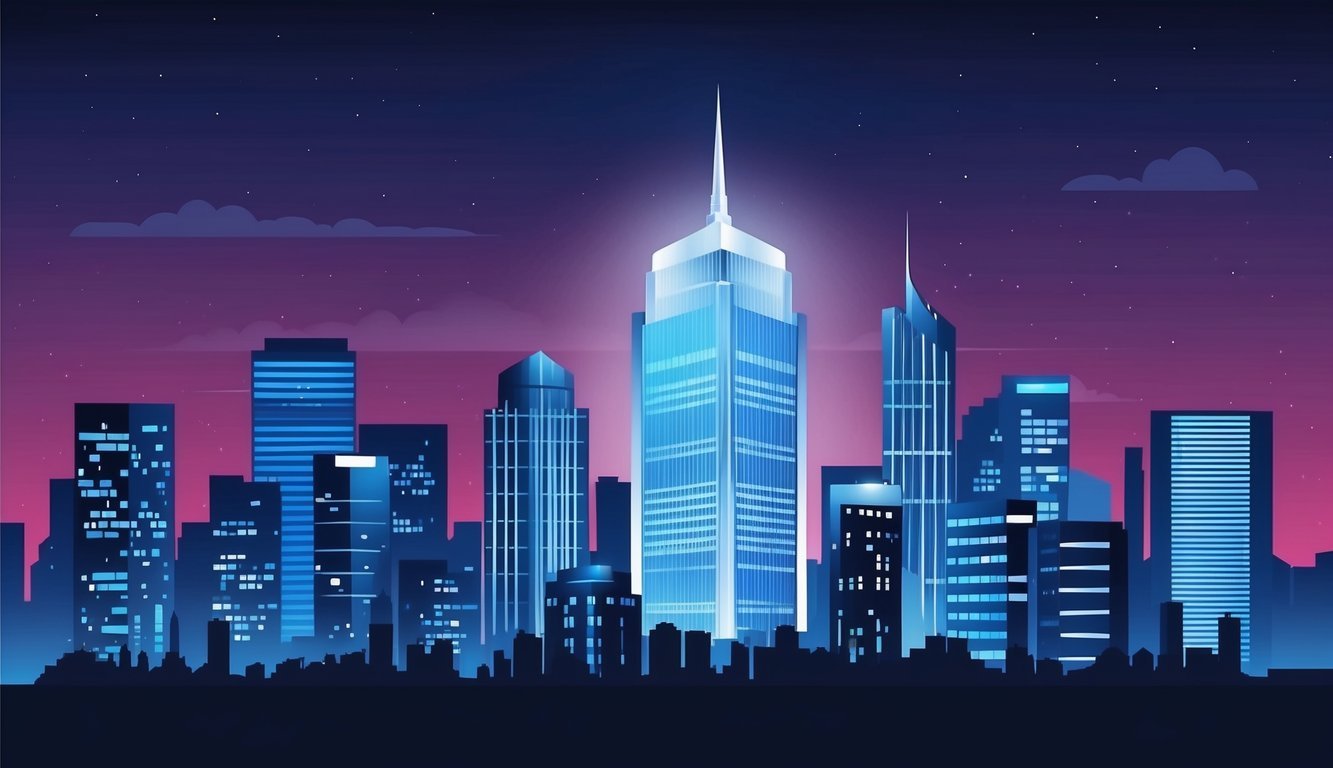 A city skyline at night with a prominent law office building illuminated, with a sleek and professional aesthetic