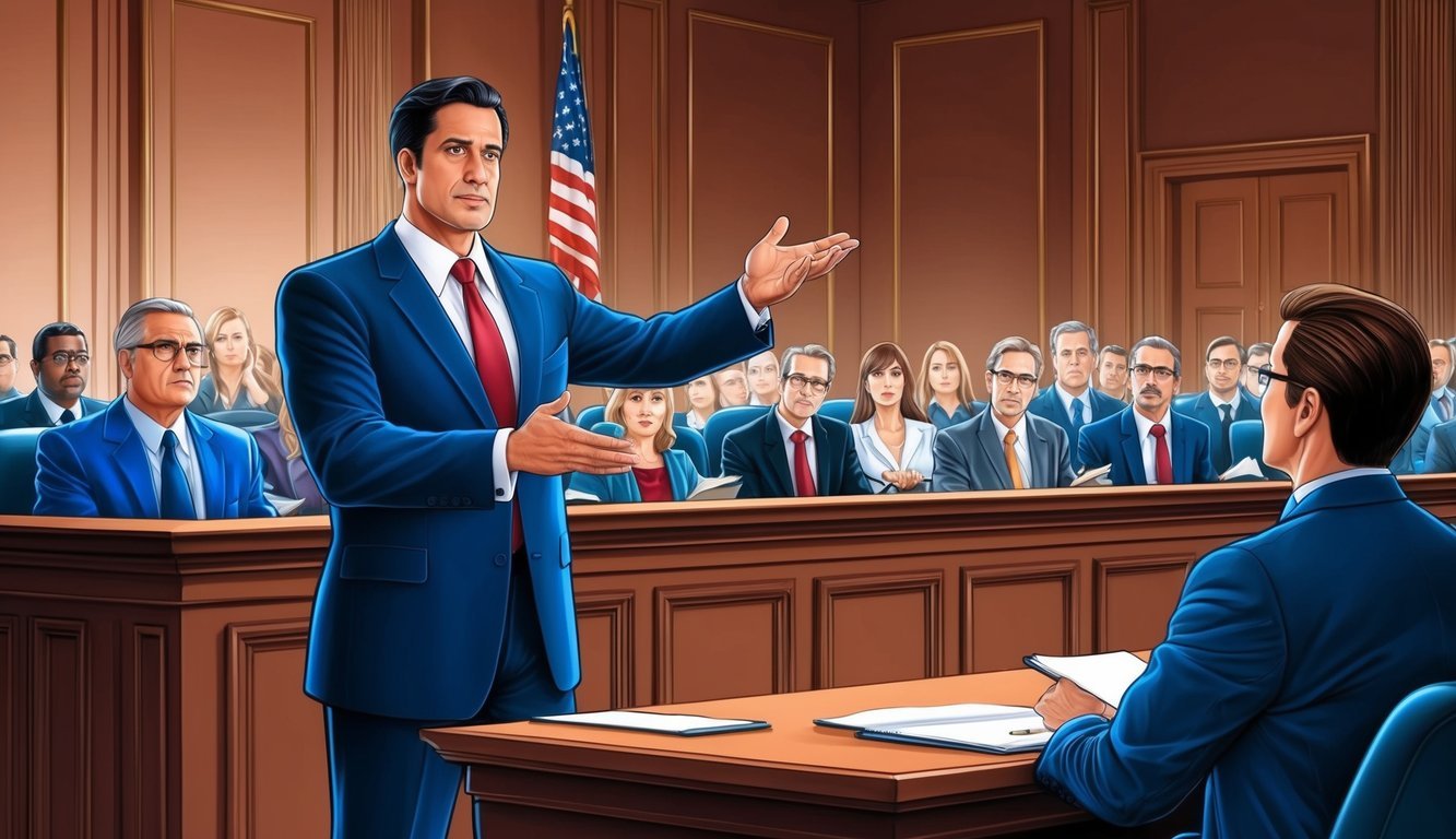 A courtroom with a confident lawyer presenting a compelling case to a jury