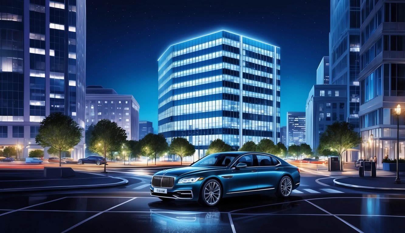 A cityscape at night, with a sleek office building illuminated and a luxury car parked out front