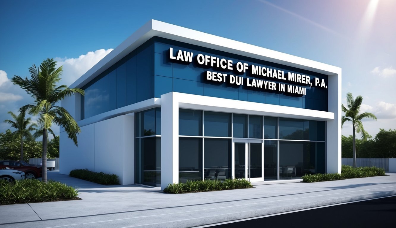 A sleek, modern law office with a prominent sign reading "Law Office of Michael Mirer, P.A. Best DUI lawyer in Miami" displayed prominently