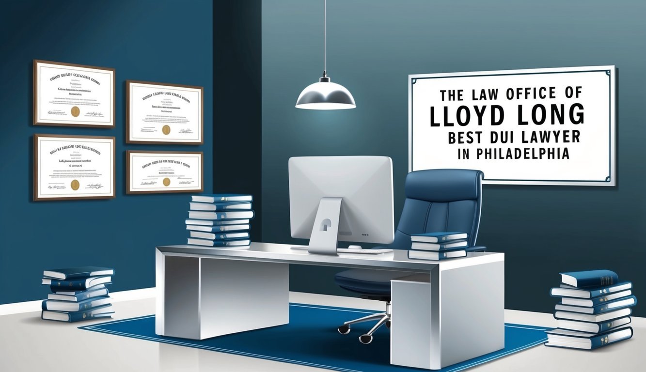 A modern office with a sleek desk, computer, and law books, framed diplomas on the wall, and a sign reading "The Law Office of Lloyd Long Best DUI lawyer in Philadelphia."