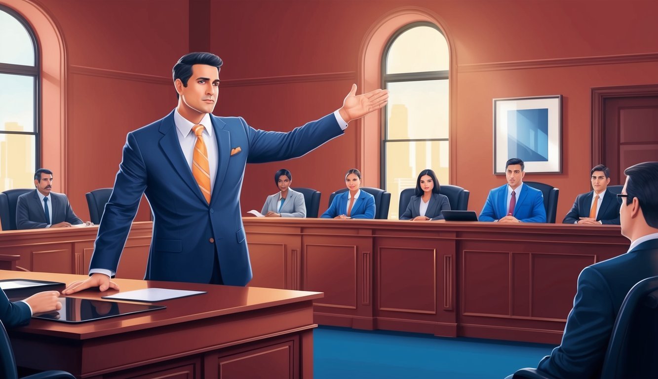 A courtroom with a confident lawyer presenting a strong defense for a DUI case in Miami