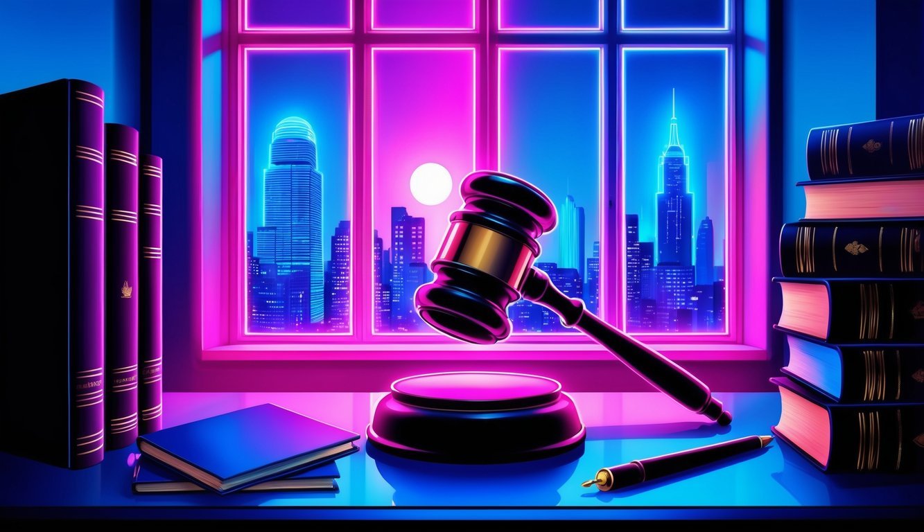 A neon-lit office with a gavel and law books, a city skyline visible through the window