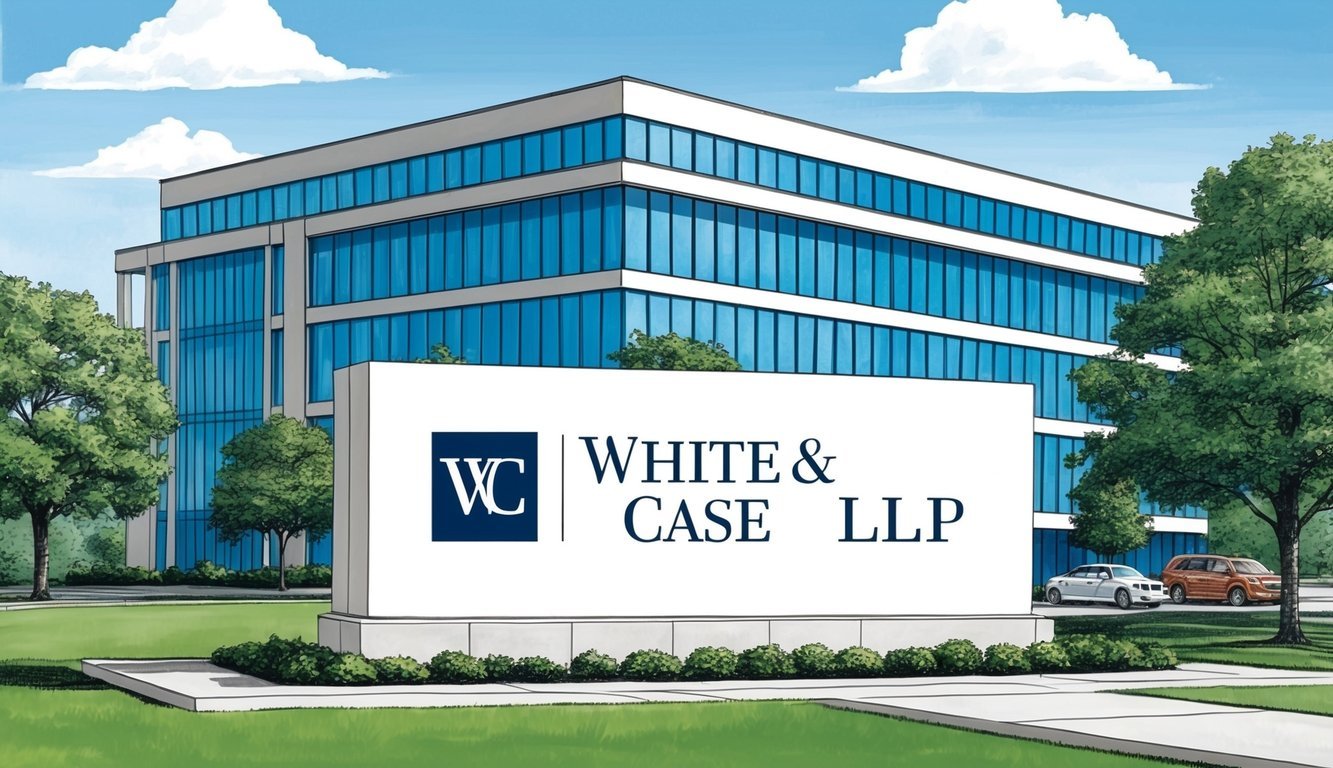 A sleek office building in Atlanta with the White & Case LLP logo prominently displayed