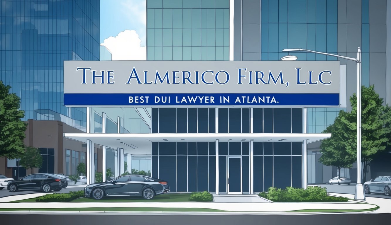 A sleek and modern law office in downtown Atlanta, with a prominent sign displaying "The Almerico Firm, LLC - Best DUI lawyer in Atlanta."