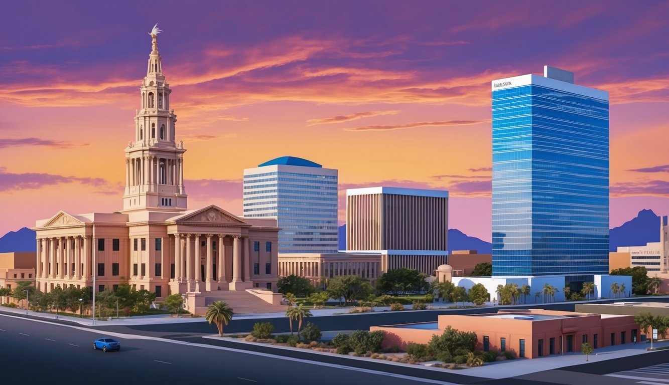 A Phoenix skyline at sunset with a prominent courthouse and a sleek, modern law office building