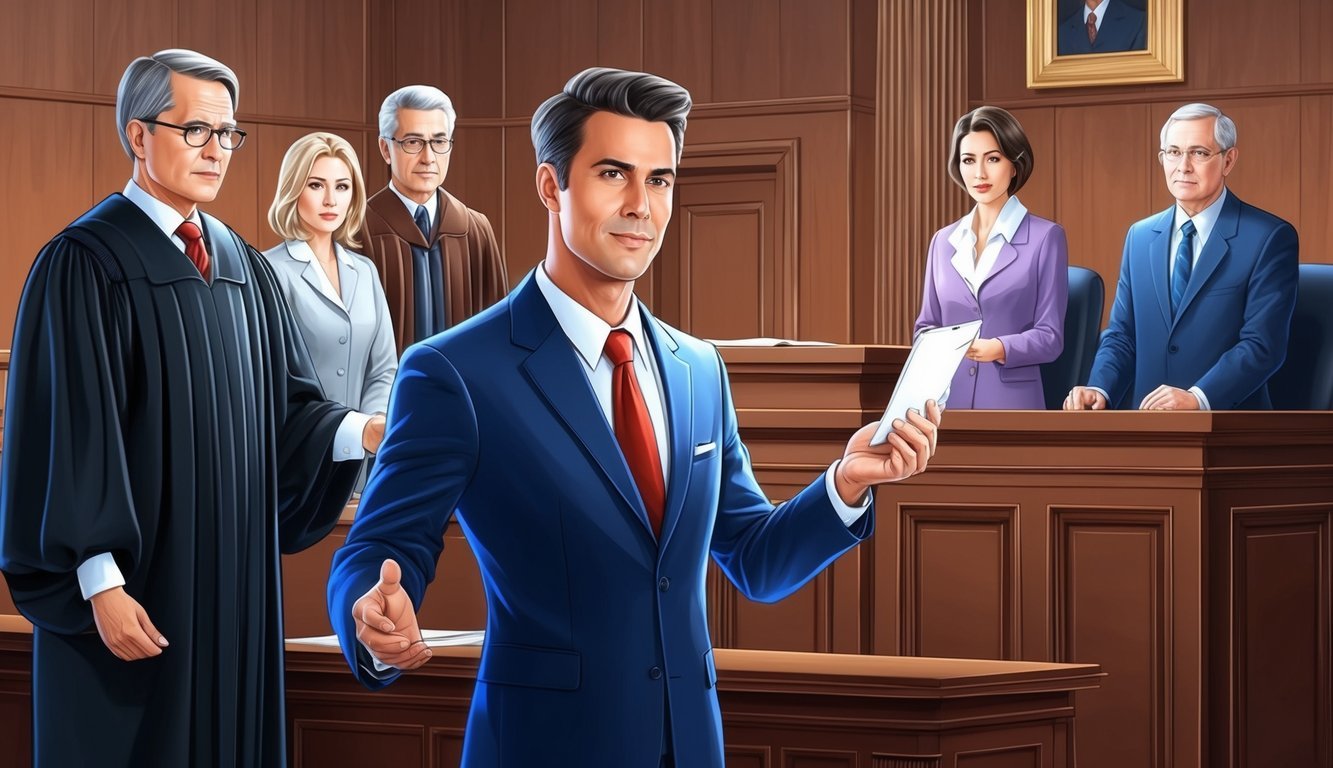 A courtroom scene with a confident lawyer presenting evidence to a judge and jury