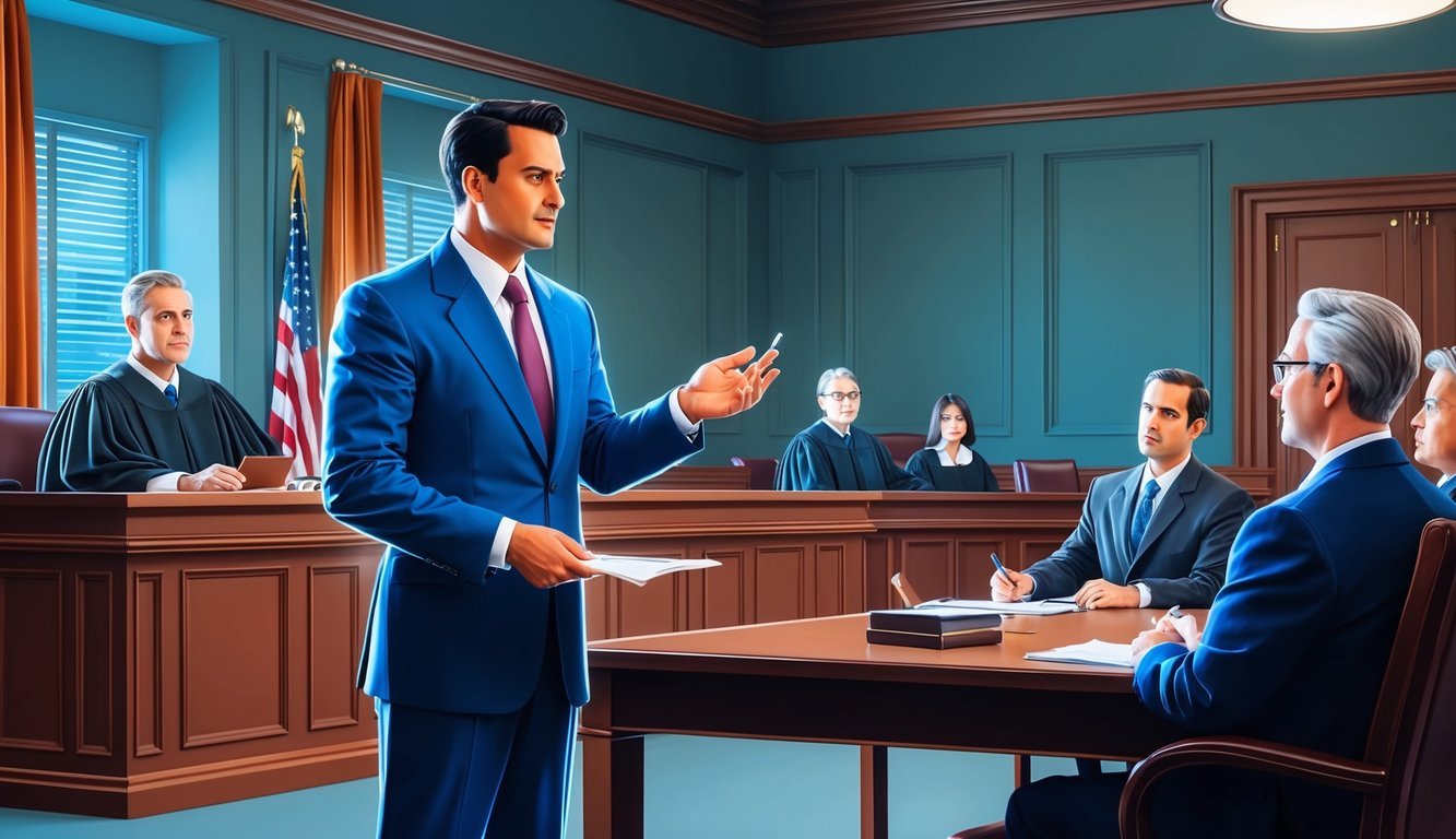 A courtroom with a confident lawyer presenting evidence to a judge and jury