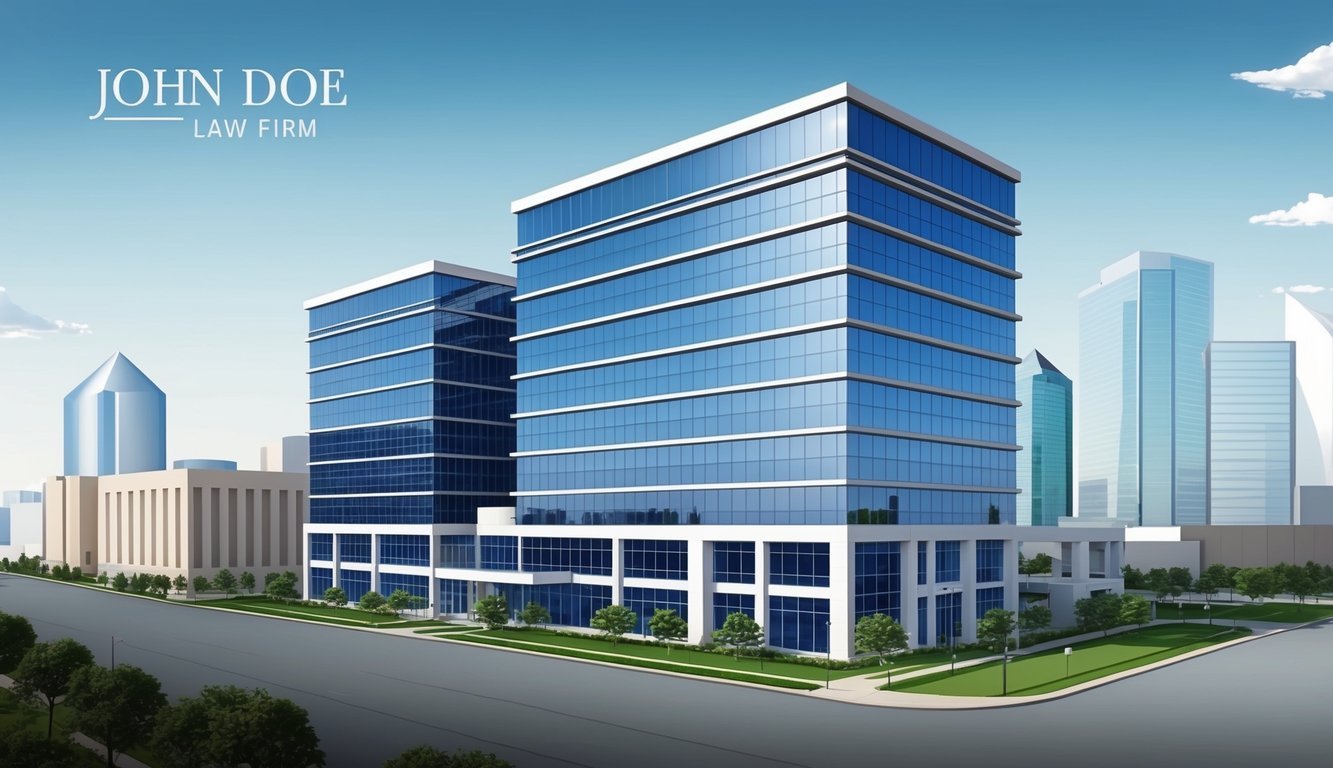 A modern office building in downtown Dallas, with a sleek and professional exterior, representing the prestigious John Doe Law Firm