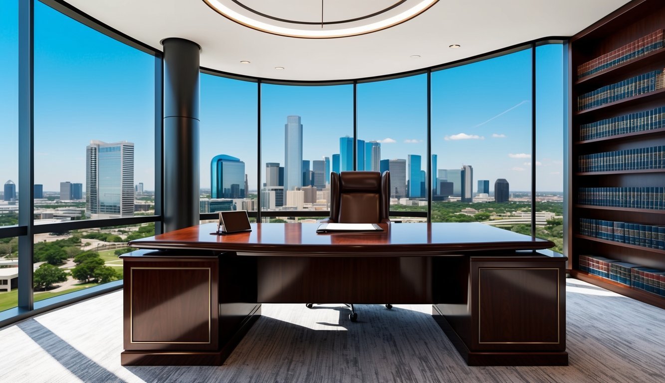 A sleek, modern office with a panoramic view of the Dallas skyline, complete with a polished mahogany desk and a wall of law books