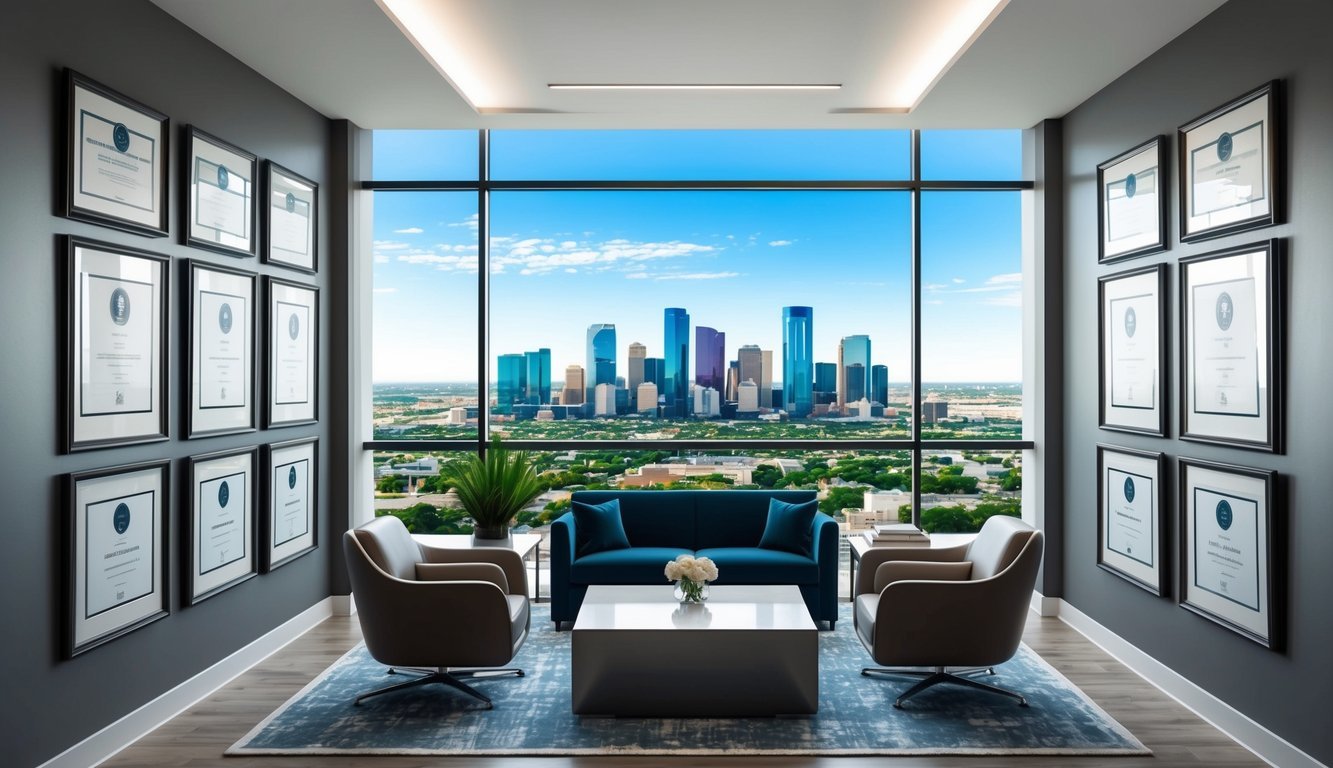 A sleek, modern office with a panoramic view of the Dallas skyline, adorned with prestigious awards and framed accolades