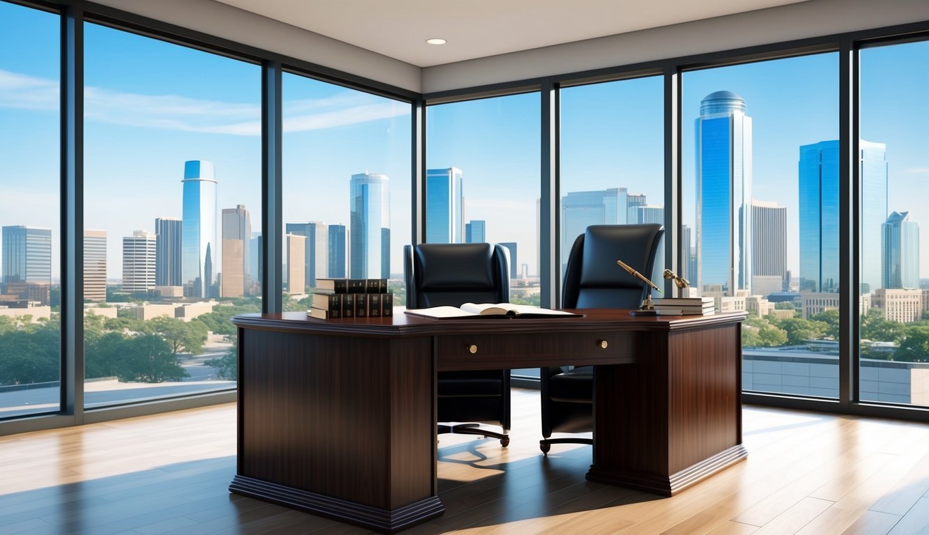 A sleek, modern office with floor-to-ceiling windows overlooking the Dallas skyline.</p><p>A mahogany desk is adorned with legal books and a prestigious law degree