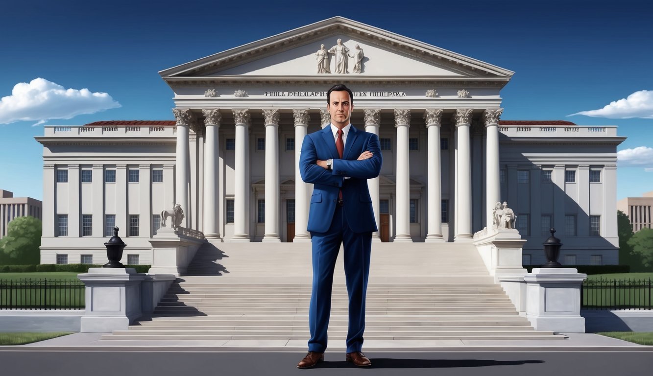 A confident lawyer standing in front of a grand courthouse in Philadelphia