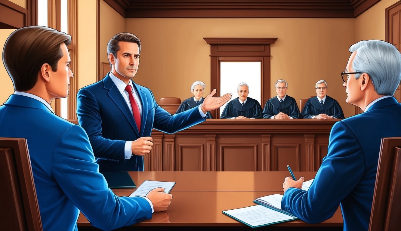 A courtroom with a confident lawyer presenting a strong defense case to the jury and judge