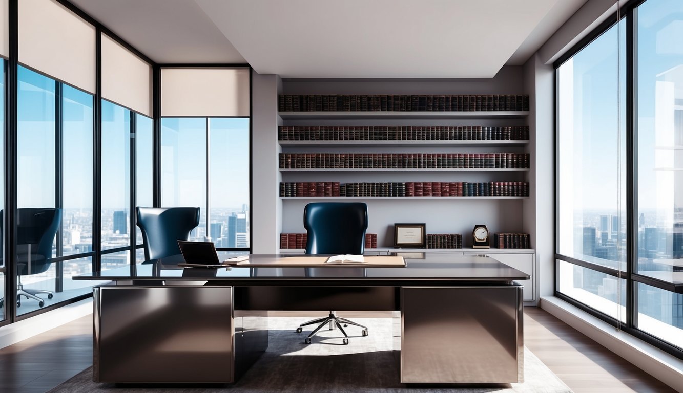 A sleek and modern office space with floor-to-ceiling windows, a polished desk, and shelves lined with law books and awards