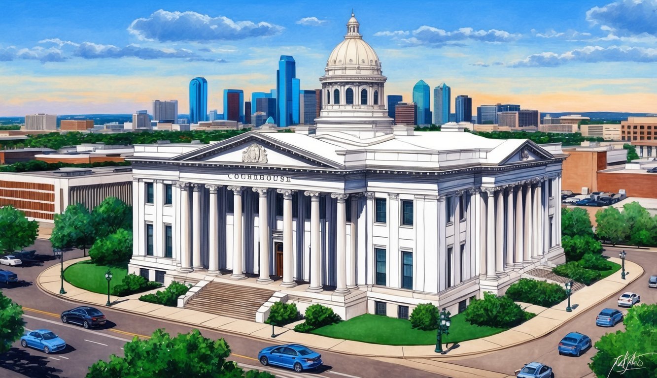 A courthouse with a grand facade and columns, surrounded by a bustling cityscape, with the Dallas skyline in the background